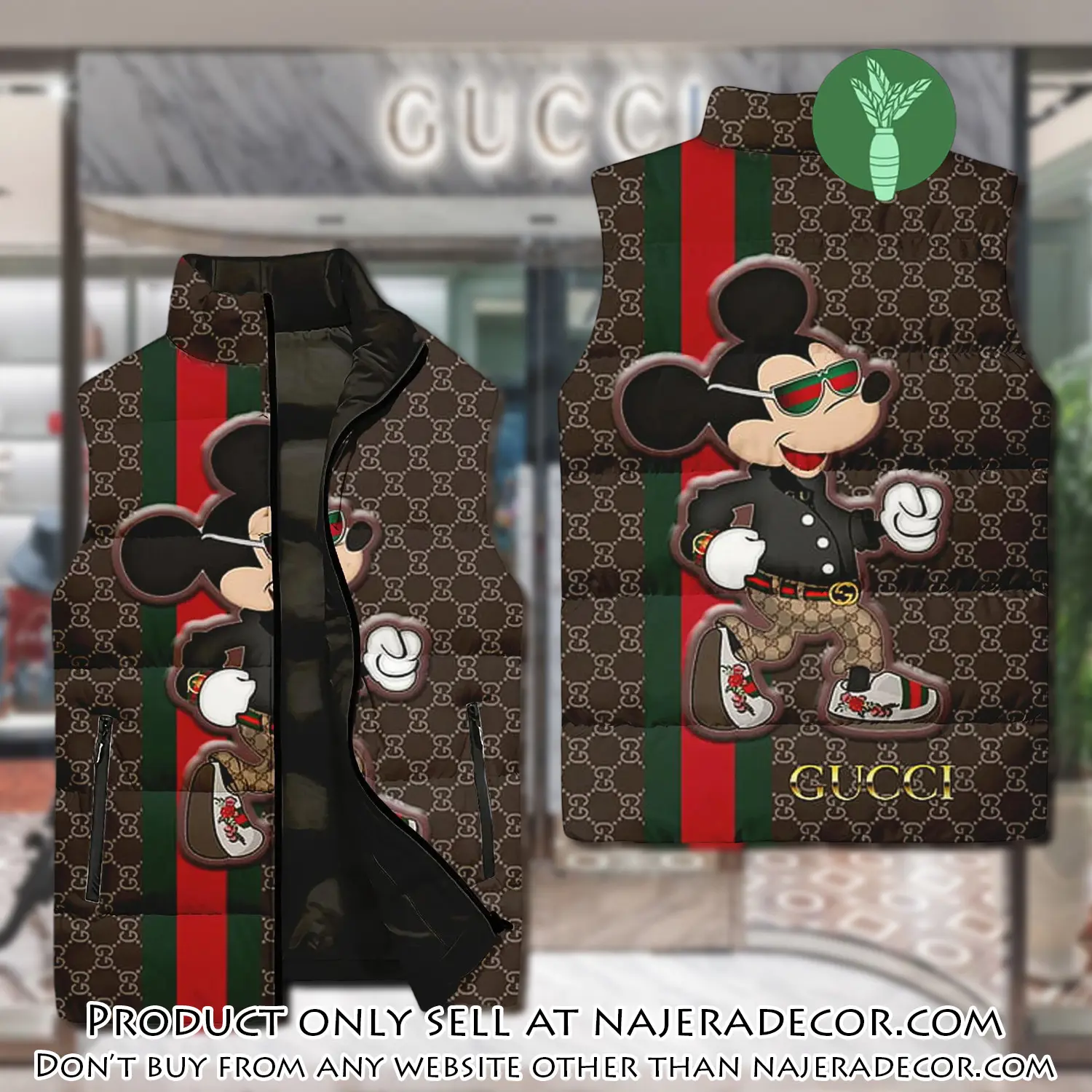 Gucci mickey mouse brown luxury brand 3d sleeveless down jacket njr3556184